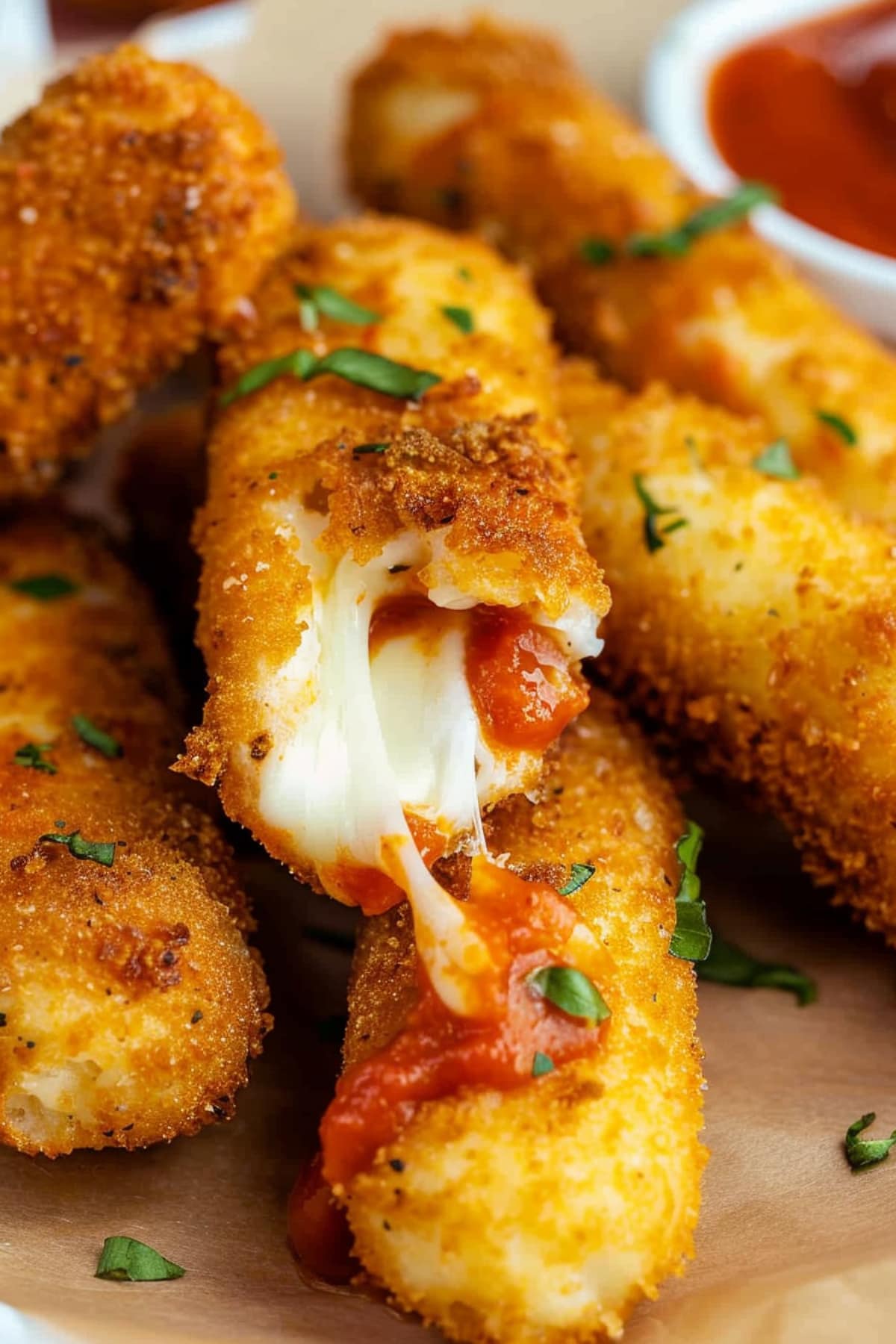 Cheesy breaded homemade mozzarella sticks, close-up