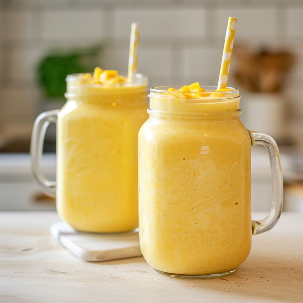 2 mango milkshakes in mason jars with yellow straws