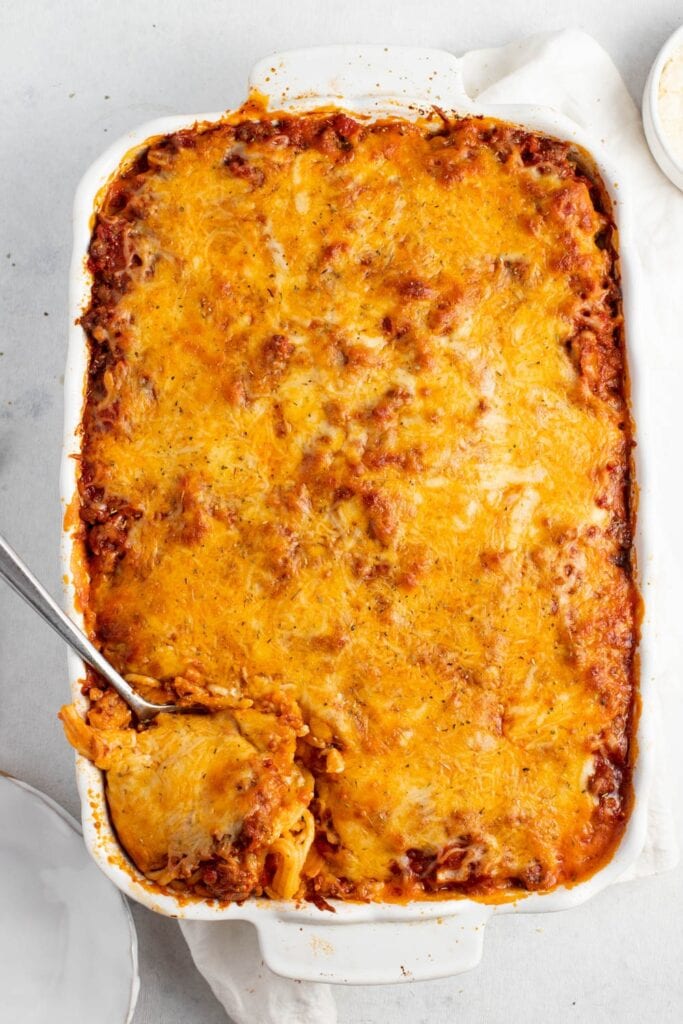 Top View of Cheesy Baked Spaghetti  on a Baking Dish