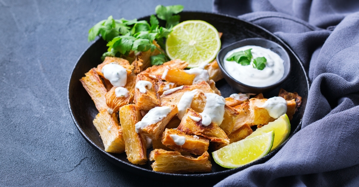 Homemade Fried Yucca with Lime and Cilantro Sauce