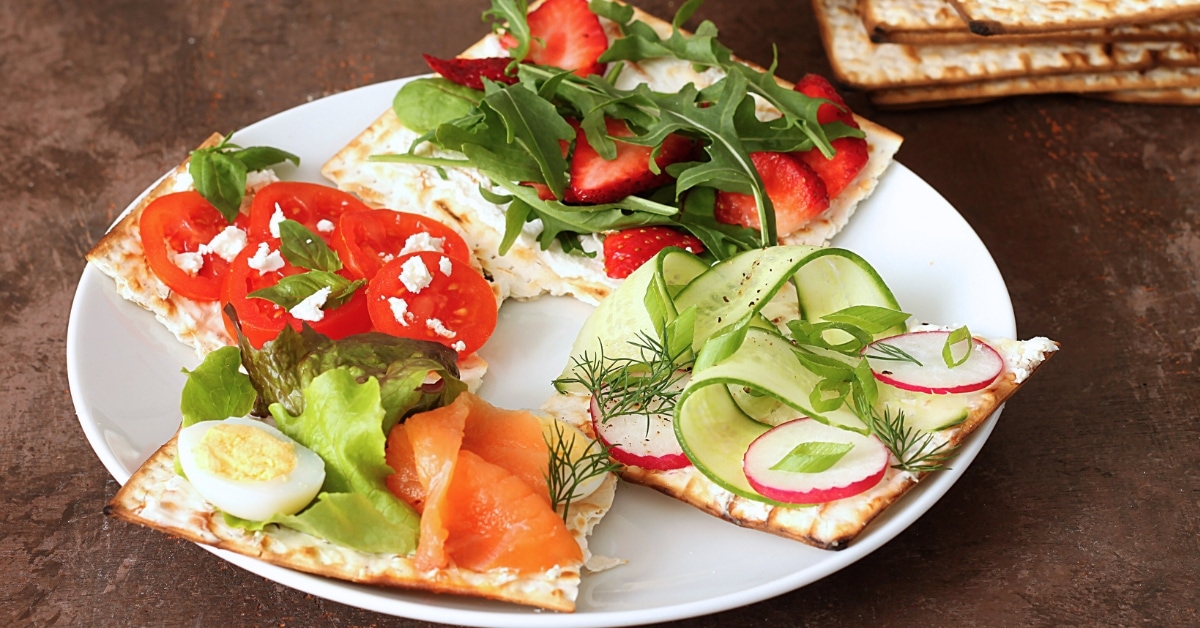 Homemade Matzo Sandwich with Salmon, Egg, Strawberries and Tomatoes