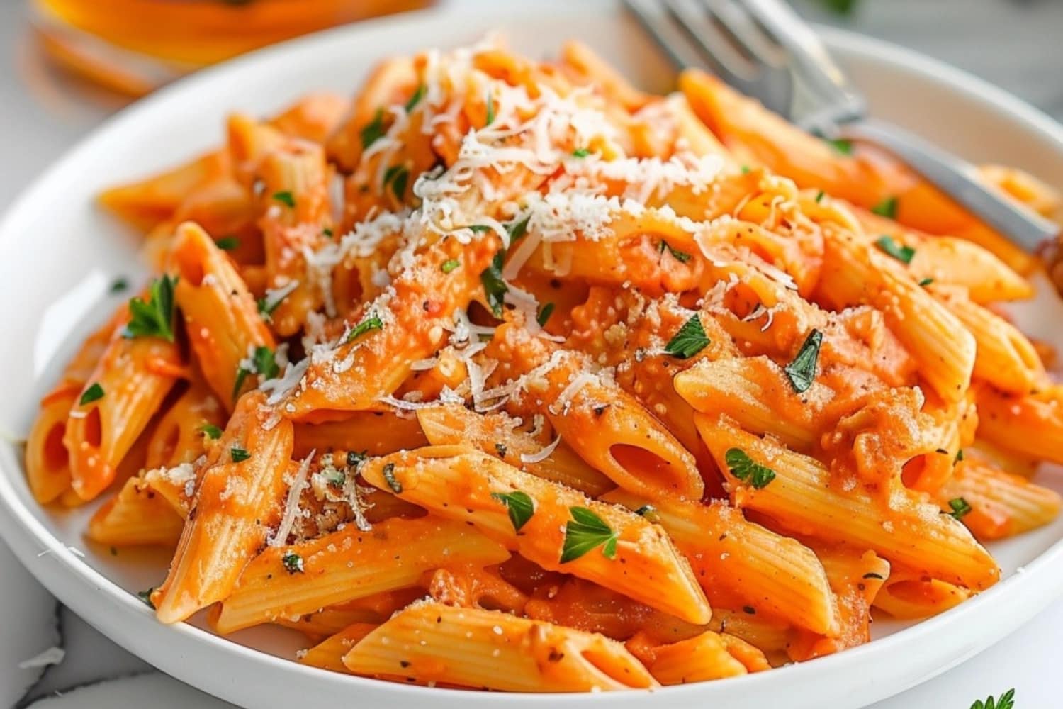 Pasta alla vodka on a plate with fork.