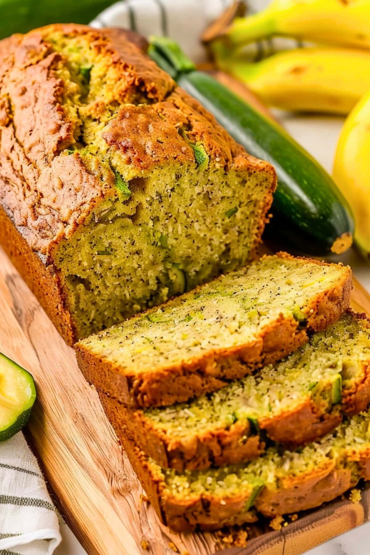 Sliced banana zucchini loaf on a wooden board.