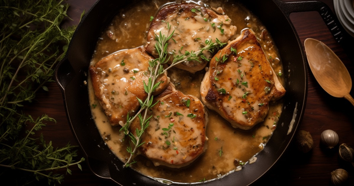 smothered pork chops in a skillet